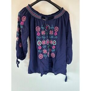 Cute Option Navy Blue Embroidered Boho Peasant Blouse Off Shoulder Tassel Top S
